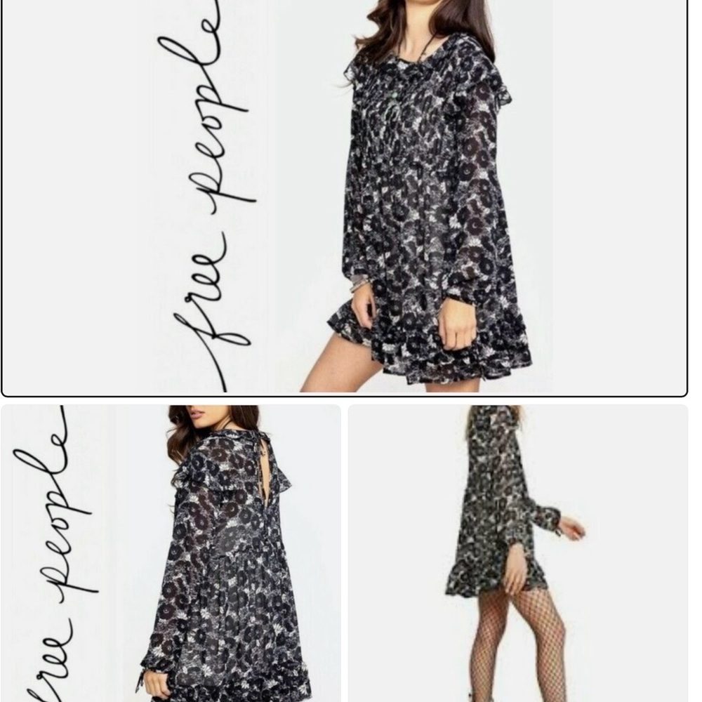 Anthropologie Black Floral Ruffle Long-Sleeve Mini Dress